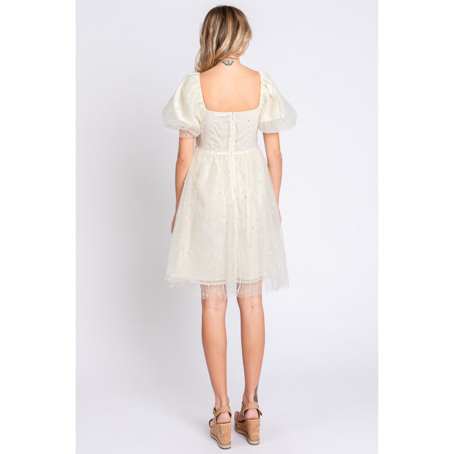 GeeGee Pearl Mesh Puff Sleeve Babydoll Dress Cream / S Apparel and Accessories