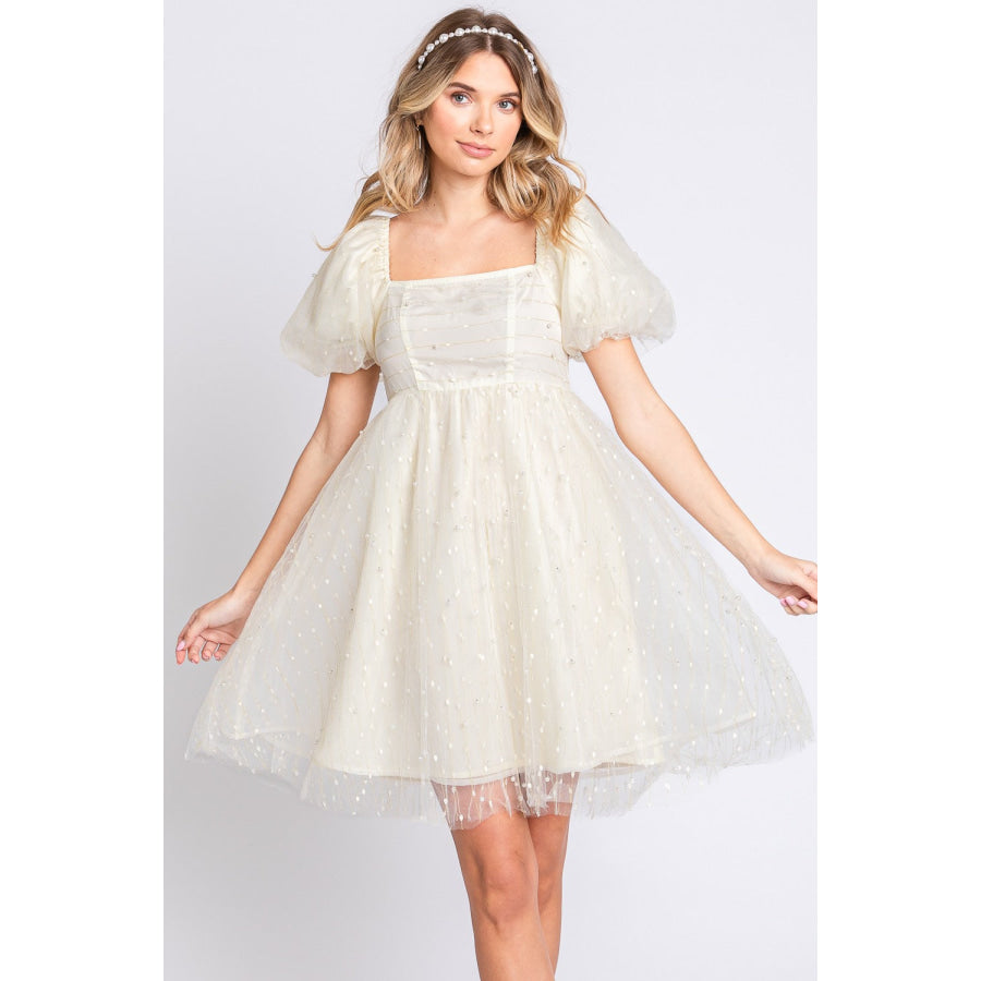 GeeGee Pearl Mesh Puff Sleeve Babydoll Dress Apparel and Accessories