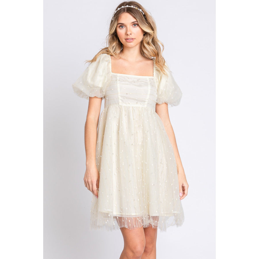 GeeGee Pearl Mesh Puff Sleeve Babydoll Dress Apparel and Accessories