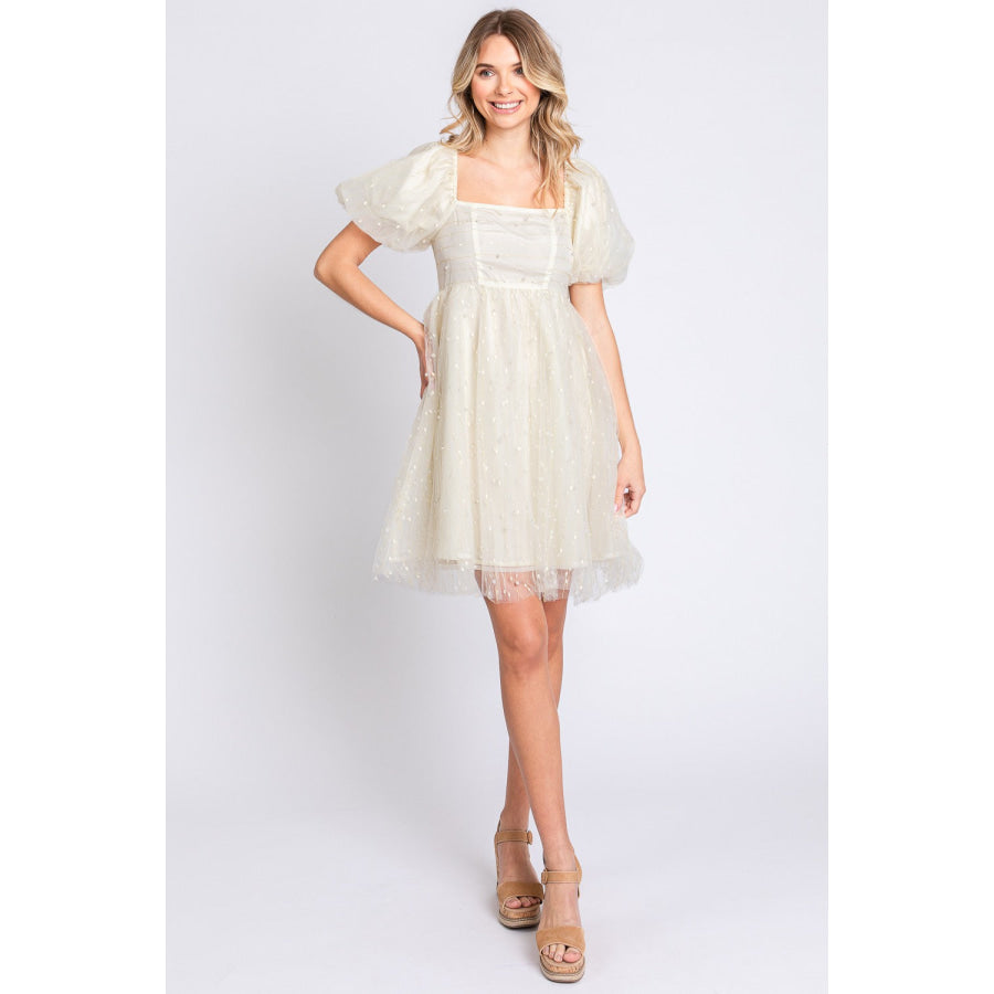 GeeGee Pearl Mesh Puff Sleeve Babydoll Dress Cream / S Apparel and Accessories