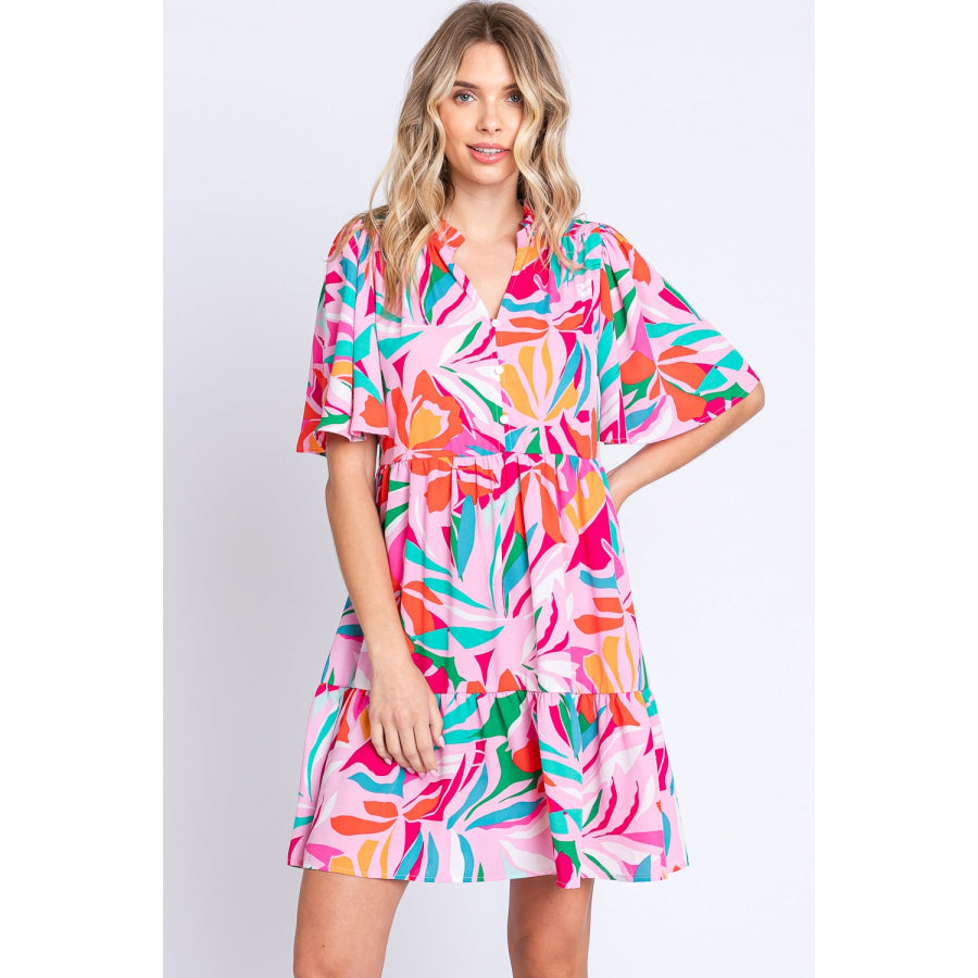 GeeGee Printed Short Sleeve Ruffle Hem Dress PINK/GREEN / S Apparel and Accessories