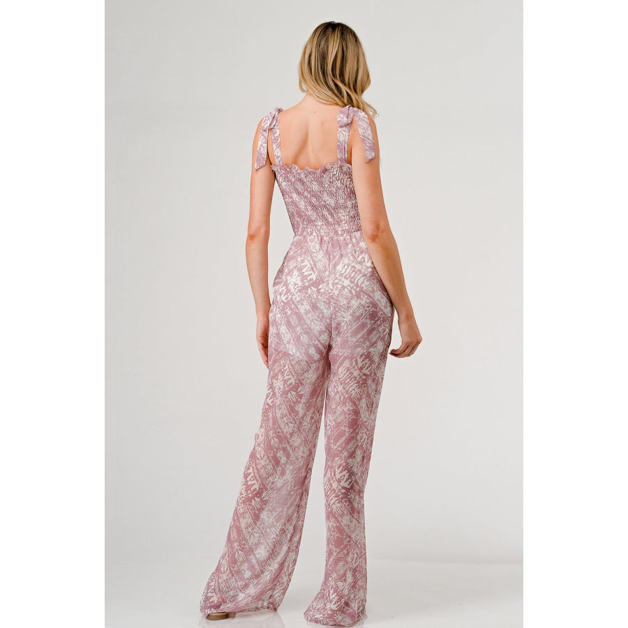 GeeGee Printed Tie Shoulder Wide Leg Jumpsuit Mauve / S Apparel and Accessories