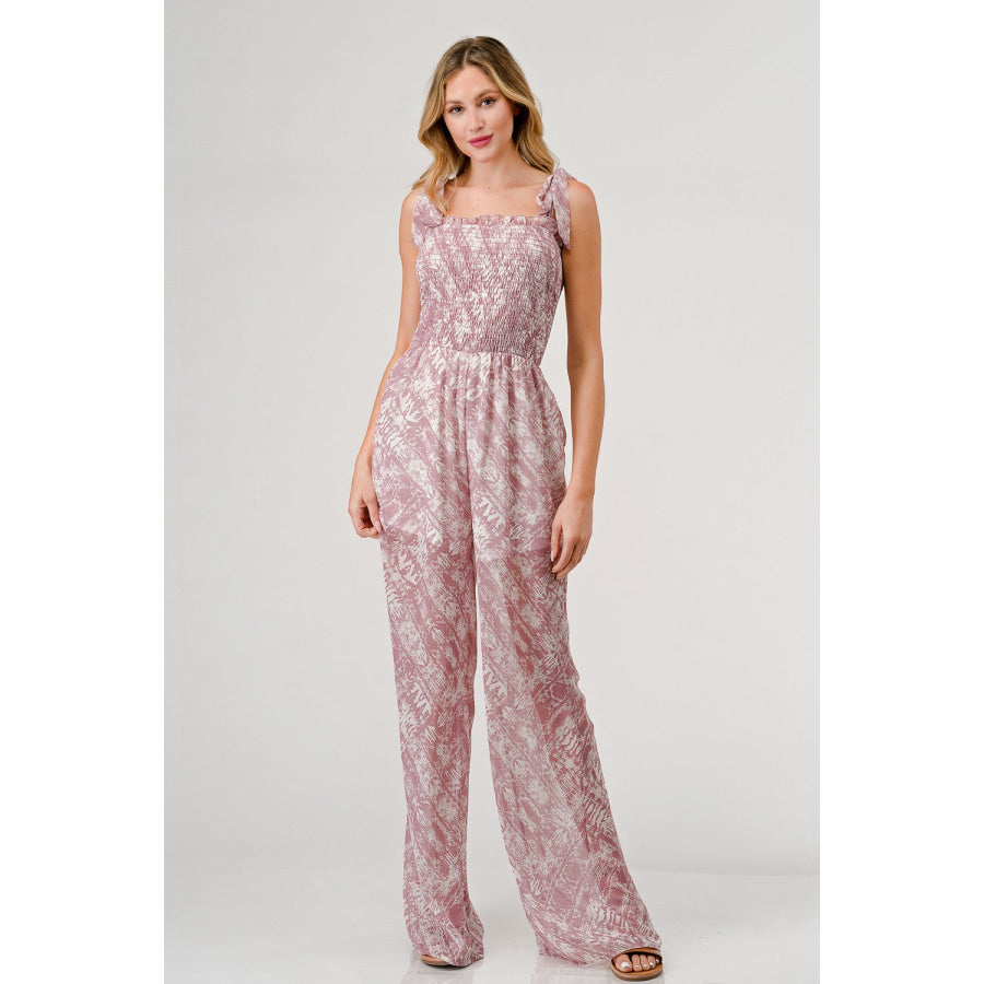 GeeGee Printed Tie Shoulder Wide Leg Jumpsuit Mauve / S Apparel and Accessories