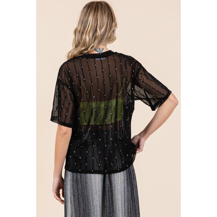 GeeGee Round Neck Drop Shoulder Mesh Glitter Top Black / S Apparel and Accessories