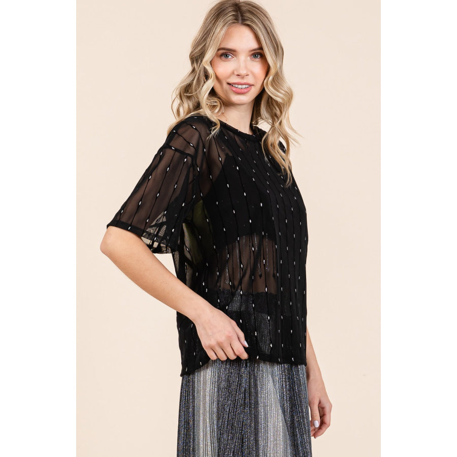 GeeGee Round Neck Drop Shoulder Mesh Glitter Top Apparel and Accessories