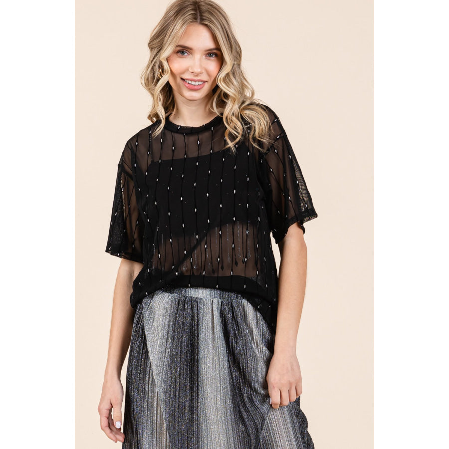 GeeGee Round Neck Drop Shoulder Mesh Glitter Top Black / S Apparel and Accessories