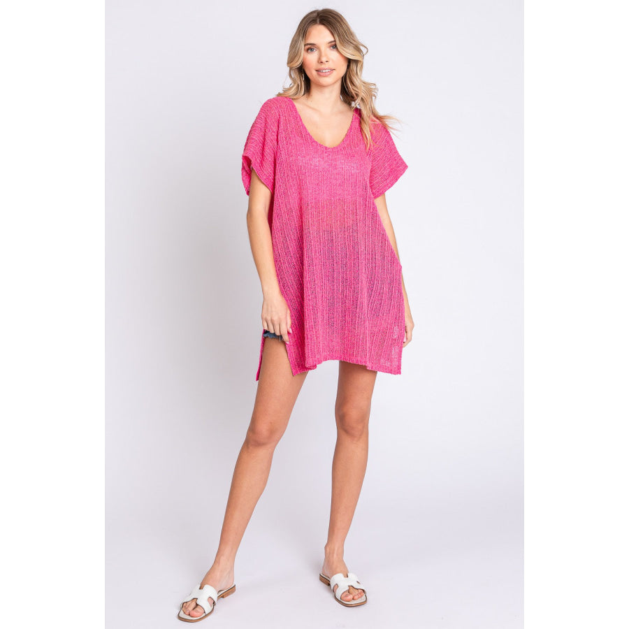 GeeGee Short Sleeve Side Slit Knit Cover Up Dress Apparel and Accessories