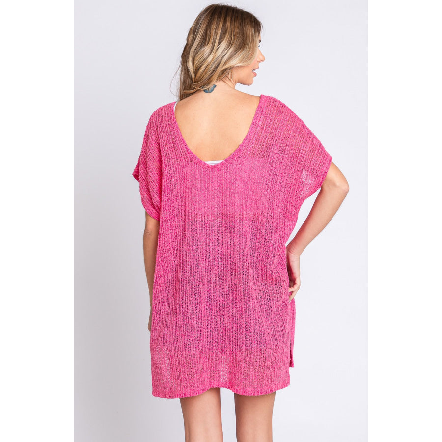GeeGee Short Sleeve Side Slit Knit Cover Up Dress HOT PINK / S Apparel and Accessories