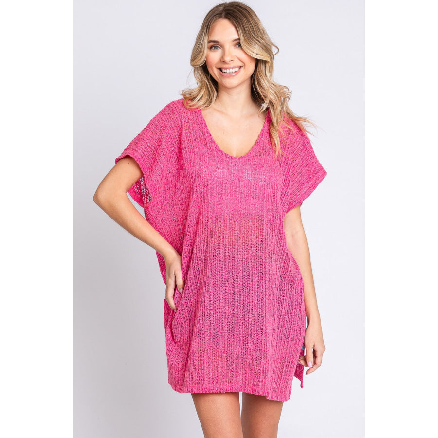GeeGee Short Sleeve Side Slit Knit Cover Up Dress HOT PINK / S Apparel and Accessories