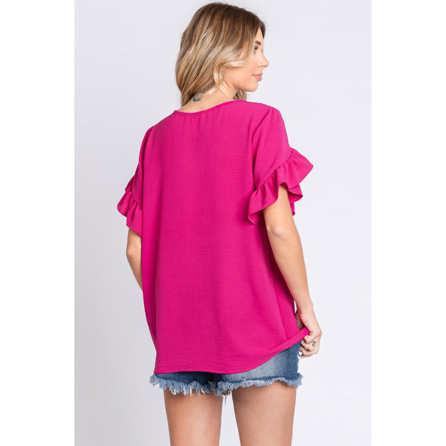 GeeGee V - Neck Ruffle Trim Short Sleeve Blouse MAGENTA / S Apparel and Accessories