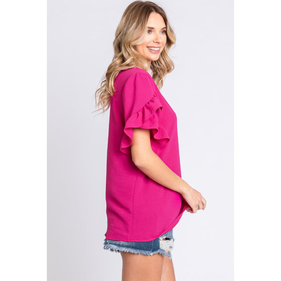 GeeGee V - Neck Ruffle Trim Short Sleeve Blouse Apparel and Accessories