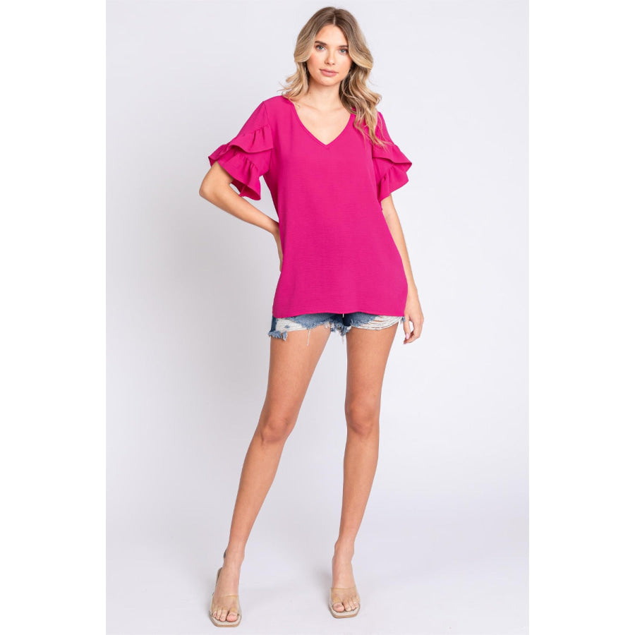 GeeGee V - Neck Ruffle Trim Short Sleeve Blouse Apparel and Accessories