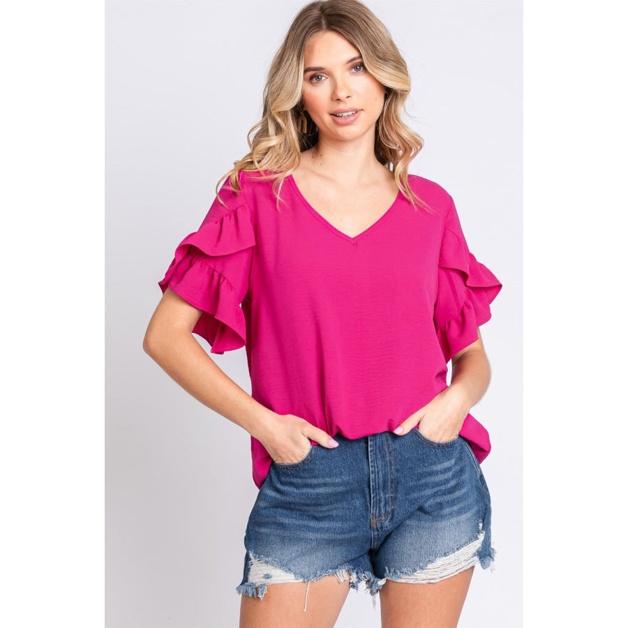 GeeGee V - Neck Ruffle Trim Short Sleeve Blouse MAGENTA / S Apparel and Accessories