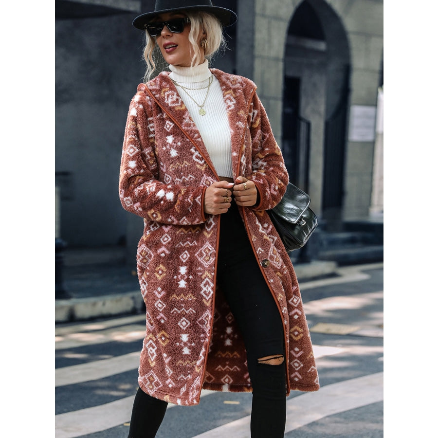 Geometric Button Down Hooded Fleece Coat