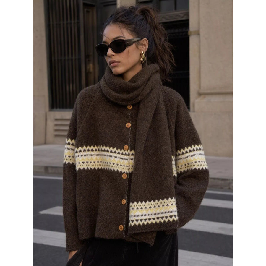 Geometric Button Down Knit Cardigan Dark Brown / One Size Apparel and Accessories