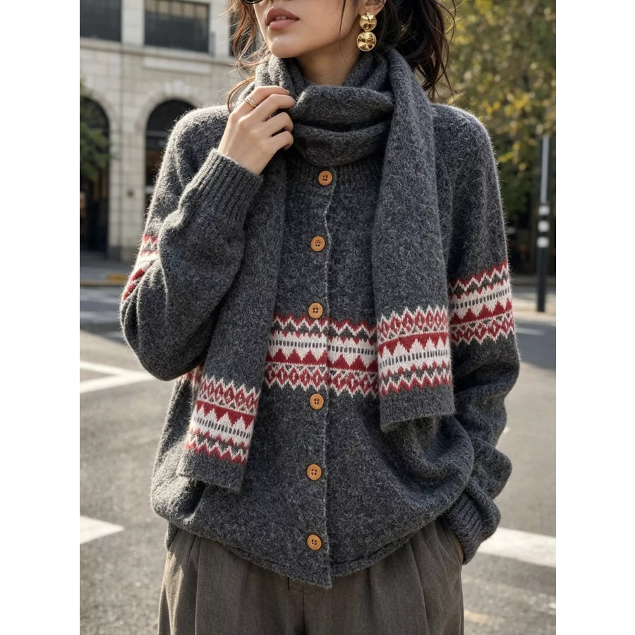 Geometric Button Down Knit Cardigan Dark Gray / One Size Apparel and Accessories