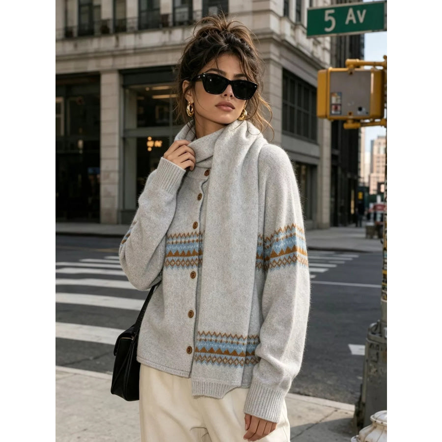 Geometric Button Down Knit Cardigan Light Blue / One Size Apparel and Accessories