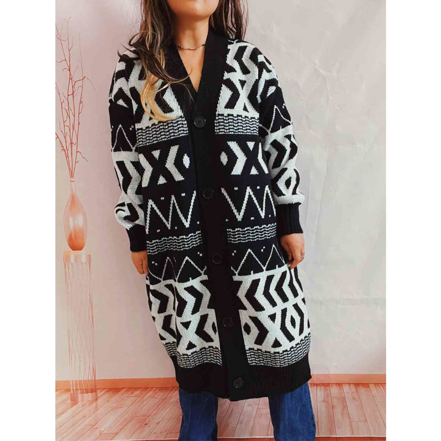 Geometric Button Front Longline Cardigan Black / S