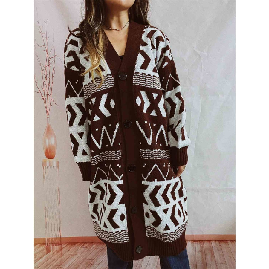 Geometric Button Front Longline Cardigan Chestnut / S