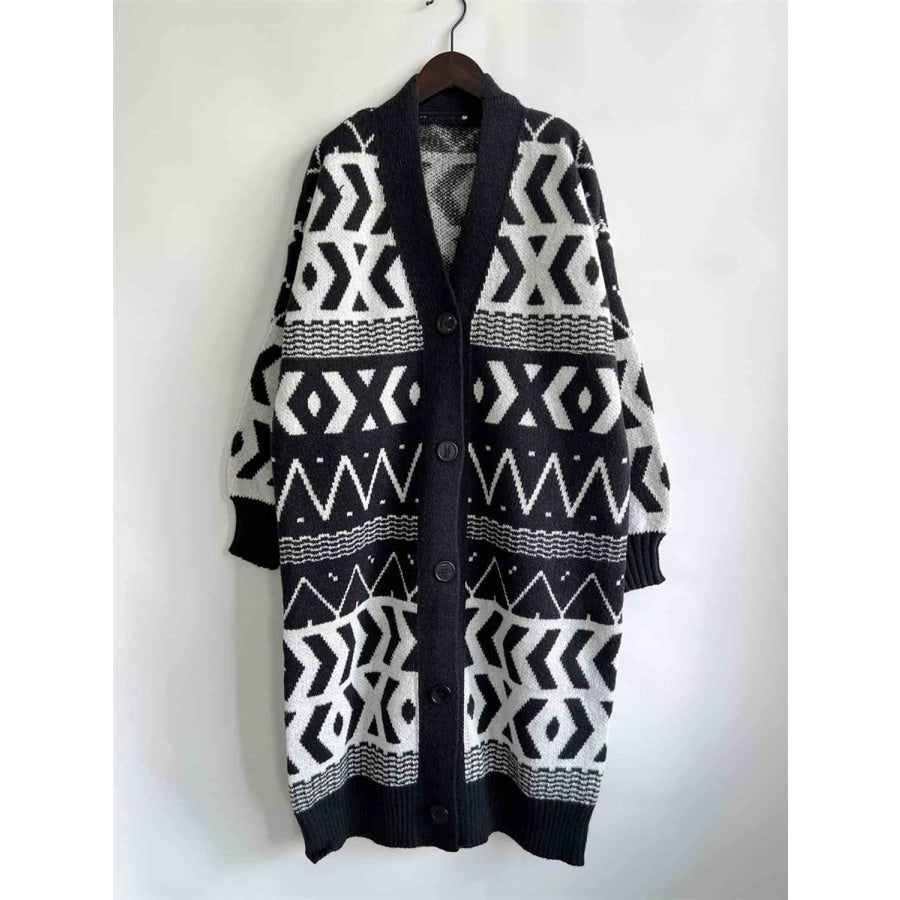 Geometric Button Front Longline Cardigan