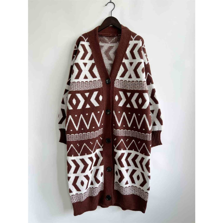 Geometric Button Front Longline Cardigan