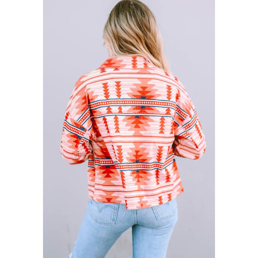 Geometric Button Up Collared Neck Jacket Strawberry / S