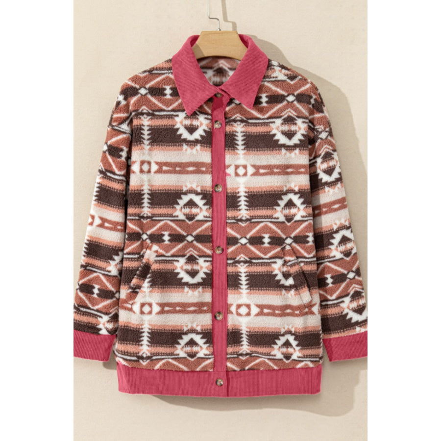 Geometric Button Up Corduroy Trim Jacket Apparel and Accessories