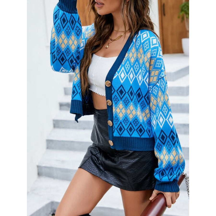 Geometric Button Up Dropped Shoulder Cardigan Apparel and Accessories