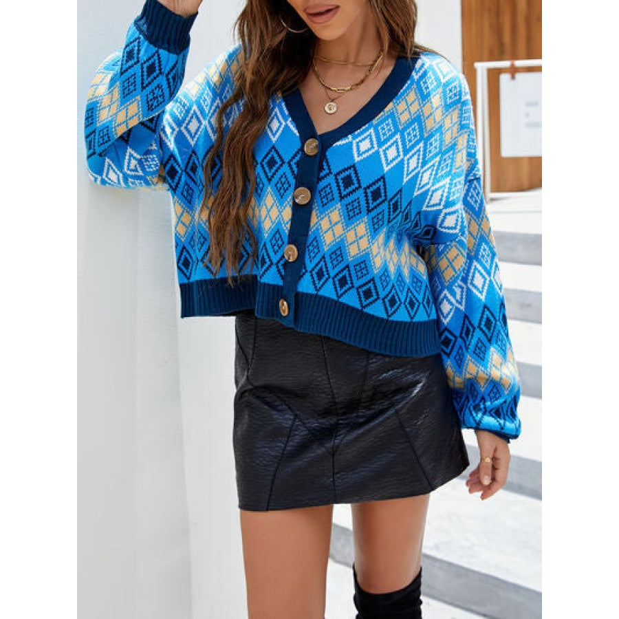 Geometric Button Up Dropped Shoulder Cardigan Apparel and Accessories