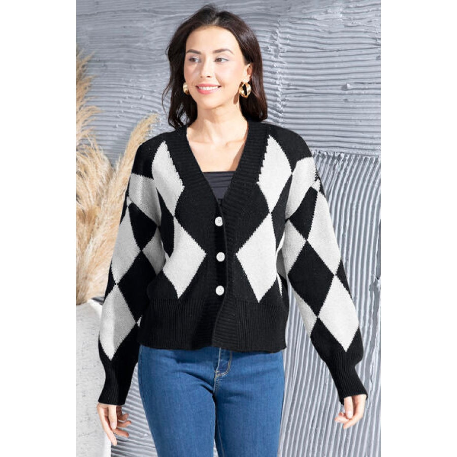 Geometric Button Up Dropped Shoulder Cardigan Black / S Clothing