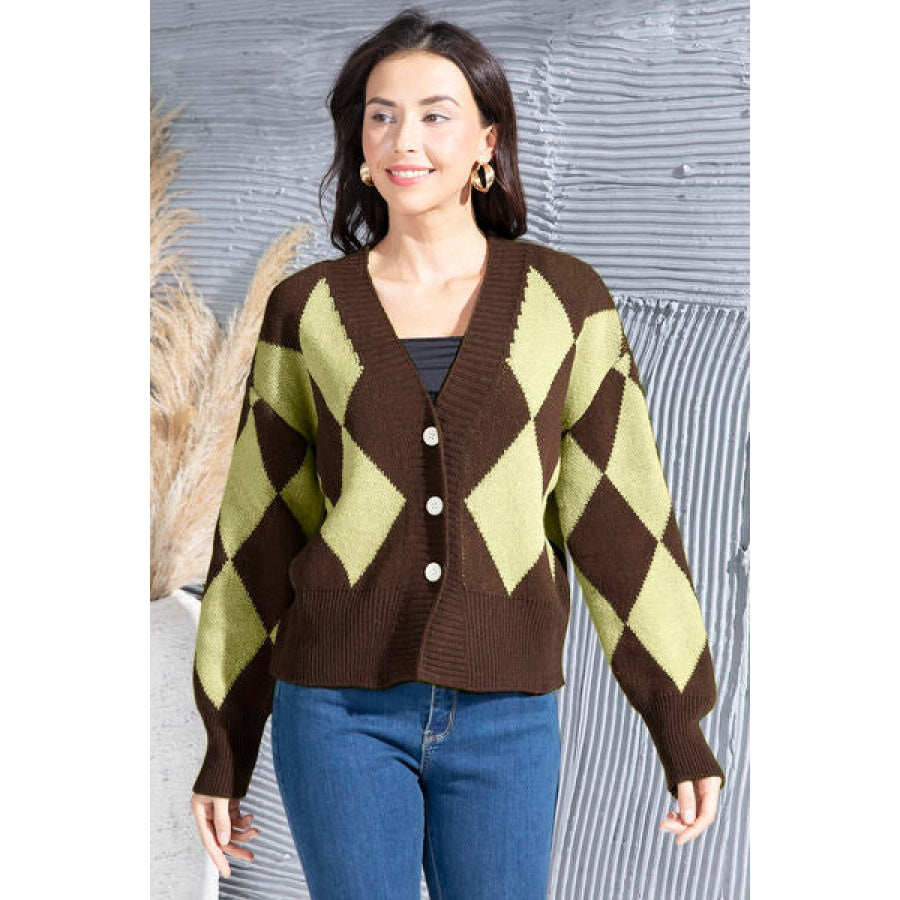 Geometric Button Up Dropped Shoulder Cardigan Chocolate / S Clothing