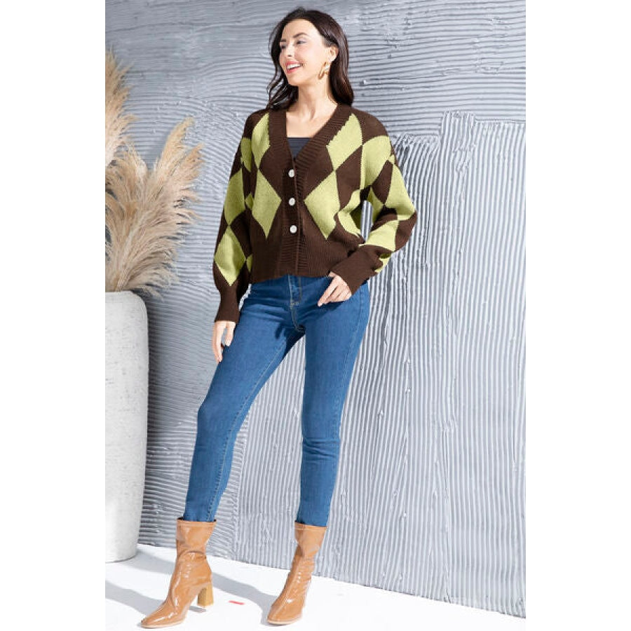 Geometric Button Up Dropped Shoulder Cardigan Clothing