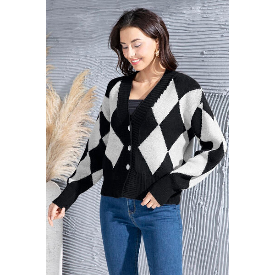 Geometric Button Up Dropped Shoulder Cardigan Clothing