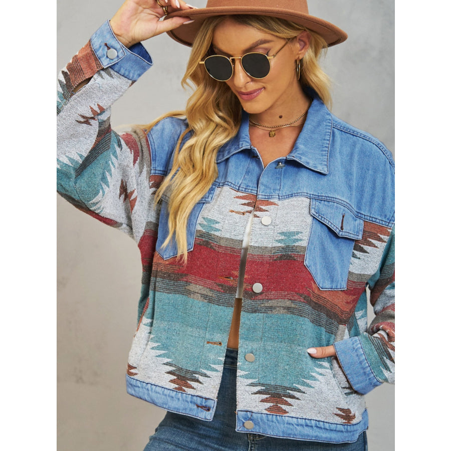 Geometric Button Up Dropped Shoulder Denim Jacket Apparel and Accessories