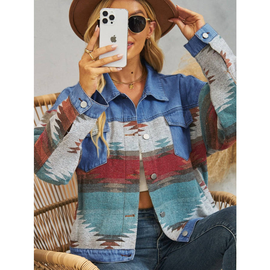 Geometric Button Up Dropped Shoulder Denim Jacket Apparel and Accessories