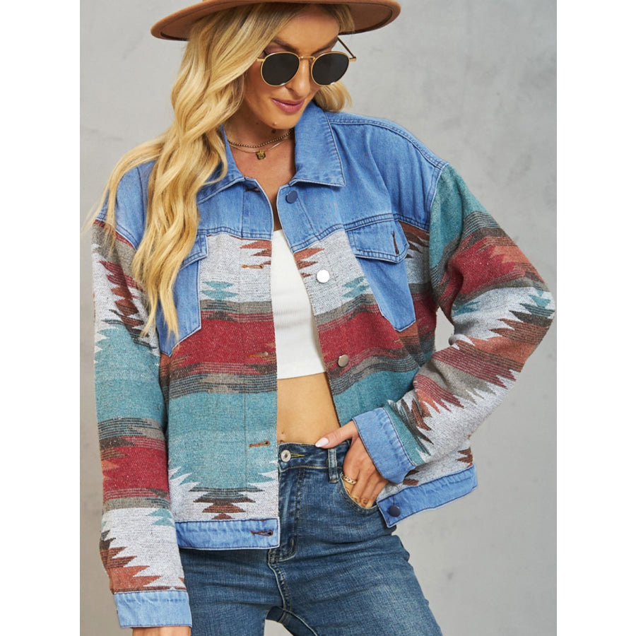 Geometric Button Up Dropped Shoulder Denim Jacket Apparel and Accessories