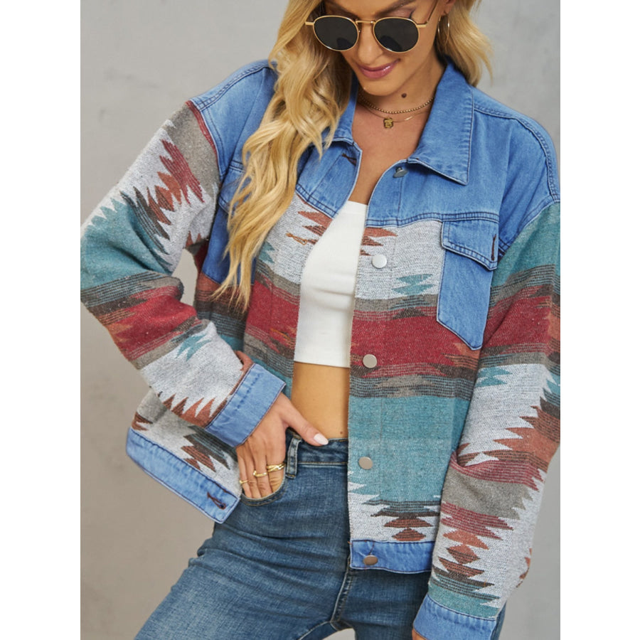 Geometric Button Up Dropped Shoulder Denim Jacket Apparel and Accessories