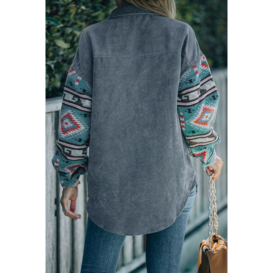 Geometric Button Up Dropped Shoulder Jacket Apparel and Accessories