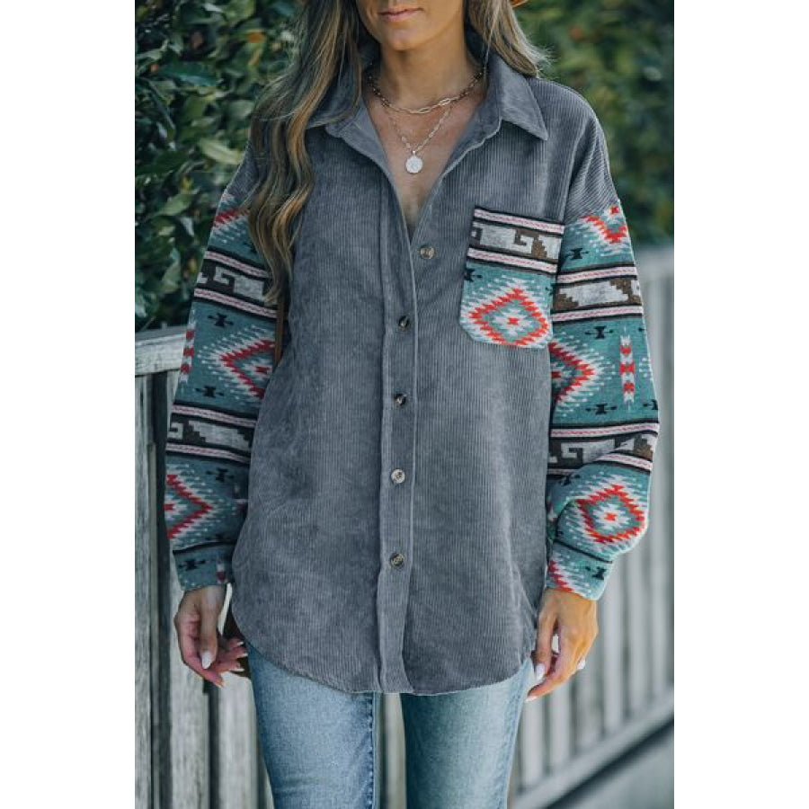 Geometric Button Up Dropped Shoulder Jacket Apparel and Accessories