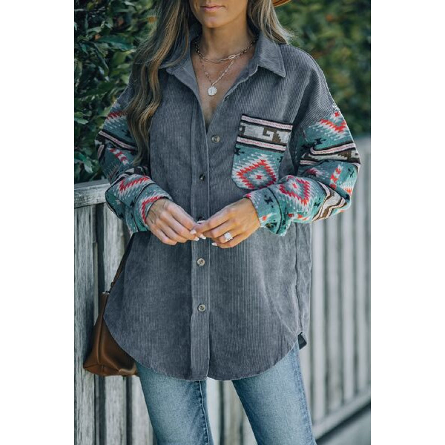 Geometric Button Up Dropped Shoulder Jacket Apparel and Accessories