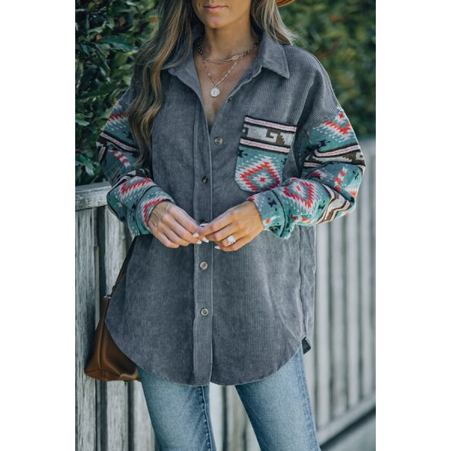 Geometric Button Up Dropped Shoulder Jacket Charcoal / S Apparel and Accessories