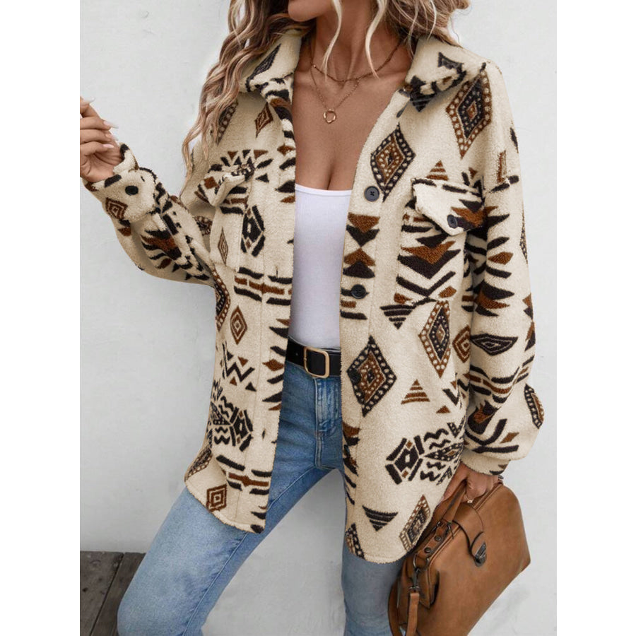 Geometric Button Up Dropped Shoulder Jacket Tan / S Apparel and Accessories