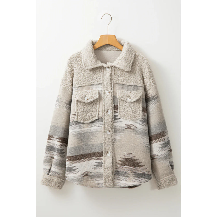 Geometric Button Up Long Sleep Fuzzy Jacket Apparel and Accessories