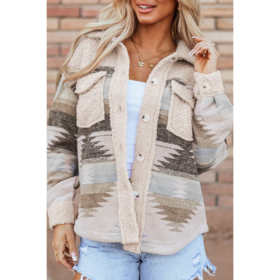 Geometric Button Up Long Sleep Fuzzy Jacket Apparel and Accessories