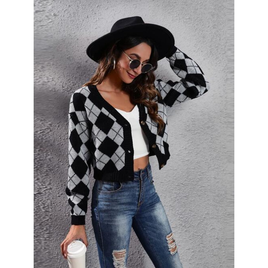 Geometric Button Up Long Sleeve Cardigan Charcoal / S Shirts &amp; Tops