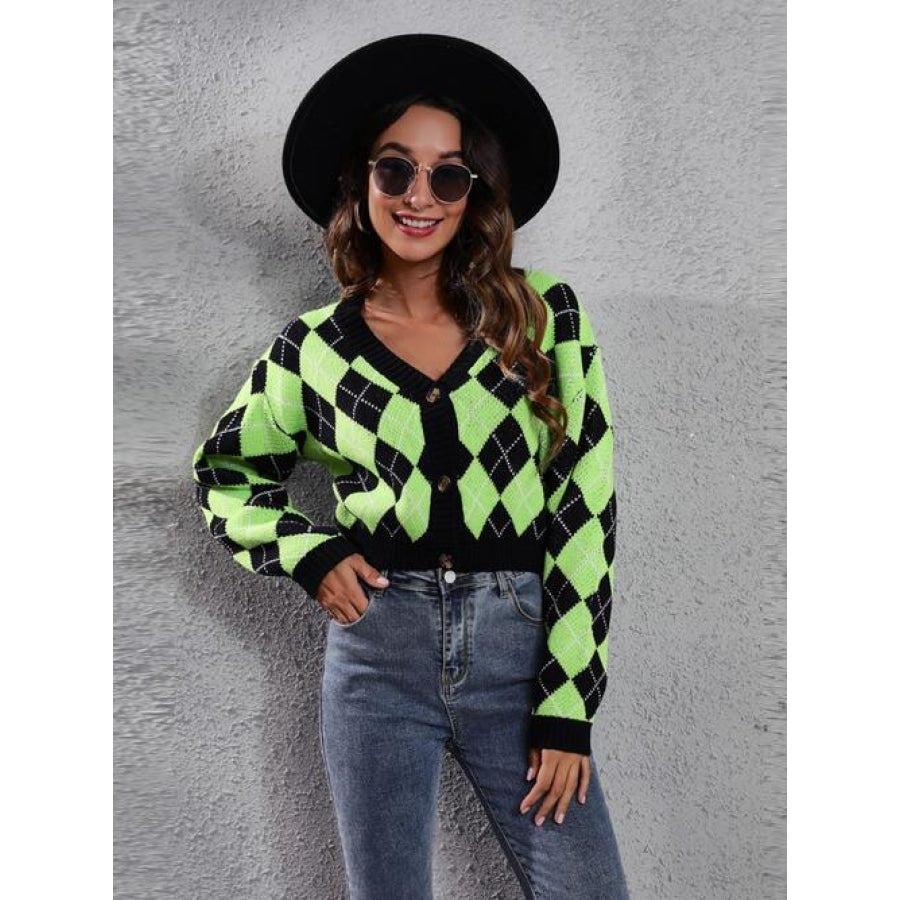 Geometric Button Up Long Sleeve Cardigan Lime / S Shirts &amp; Tops