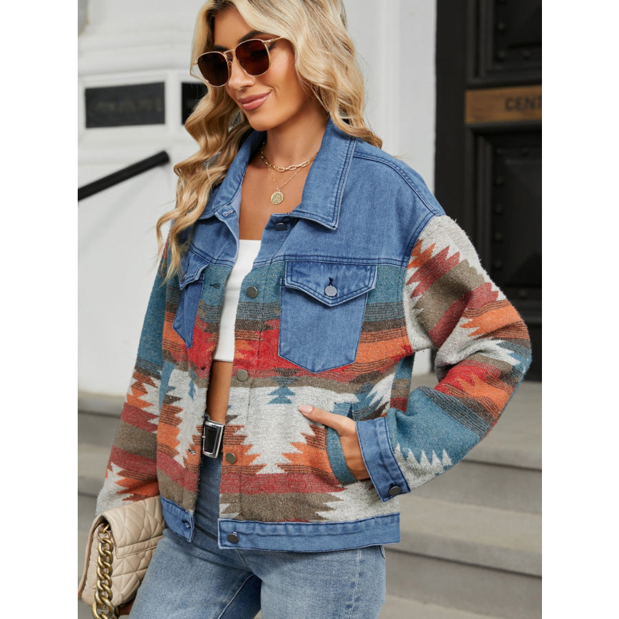 Geometric Button Up Long Sleeve Denim Jacket Apparel and Accessories