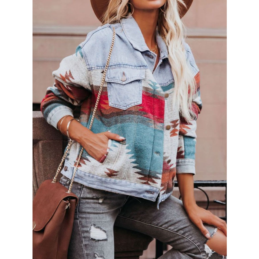 Geometric Button Up Long Sleeve Denim Jacket Apparel and Accessories