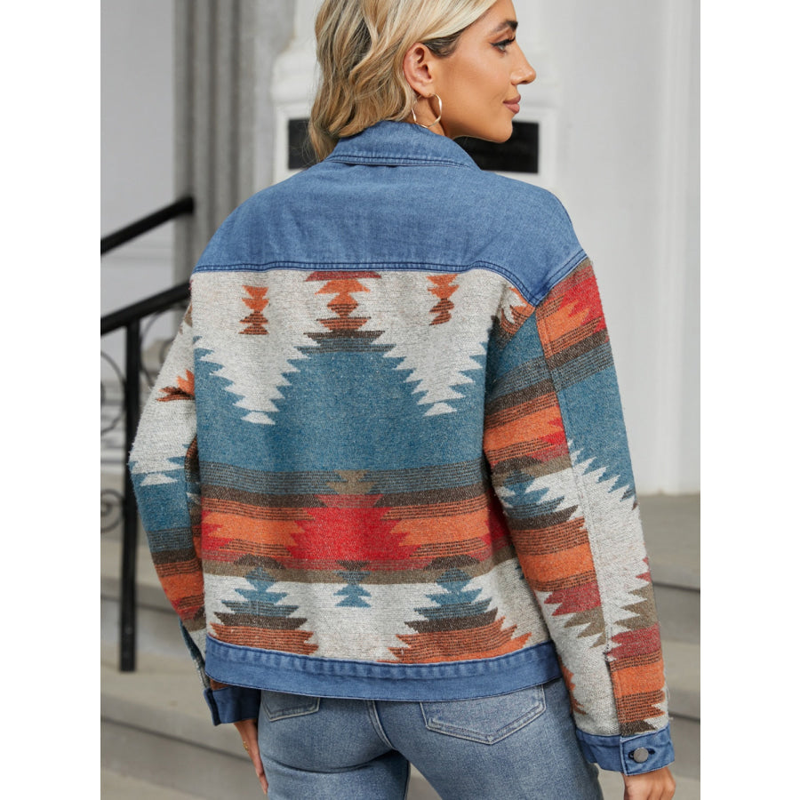 Geometric Button Up Long Sleeve Denim Jacket Dusty Blue / S Apparel and Accessories