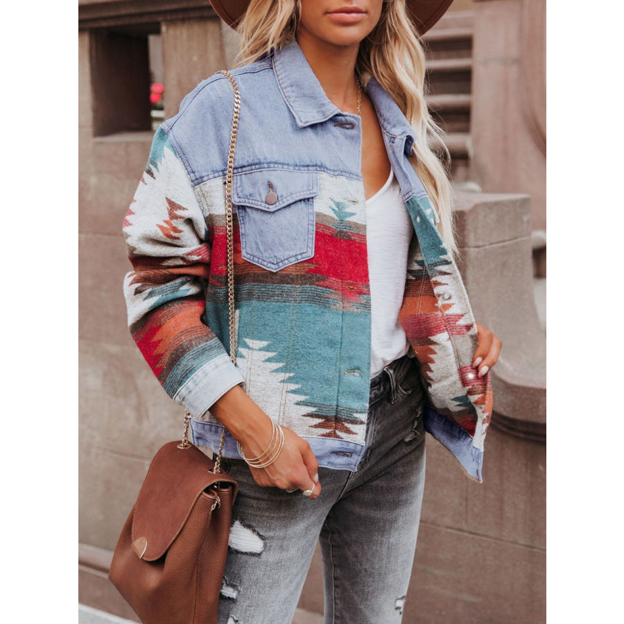 Geometric Button Up Long Sleeve Denim Jacket Apparel and Accessories